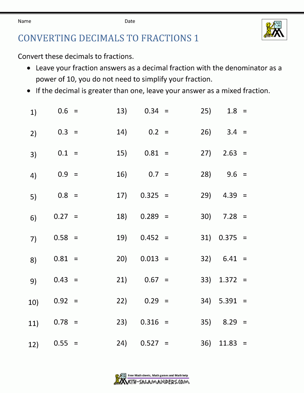 Ultimate Converting Decimals To Fractions Practice Worksheet Fraction 