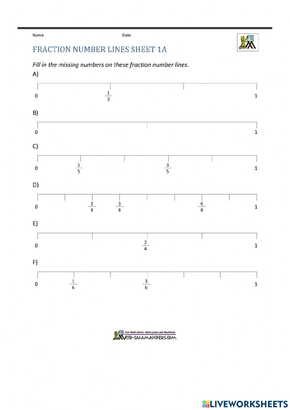 fraction number lines worksheet