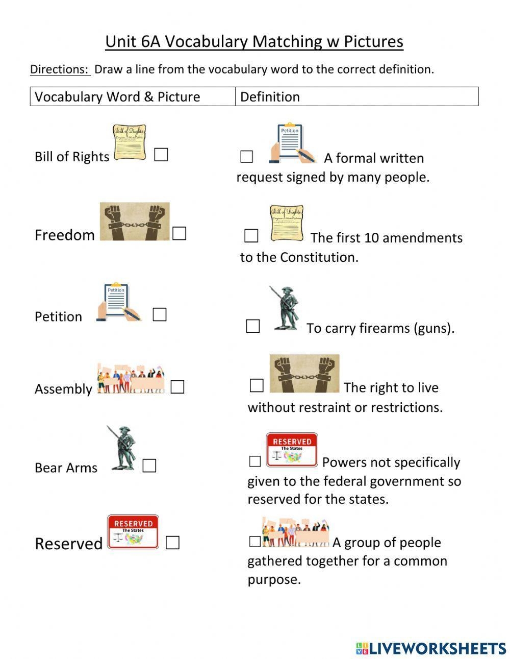 Unit 6A Bill Of Rights Vocabulary Matching With Pictures Worksheet 