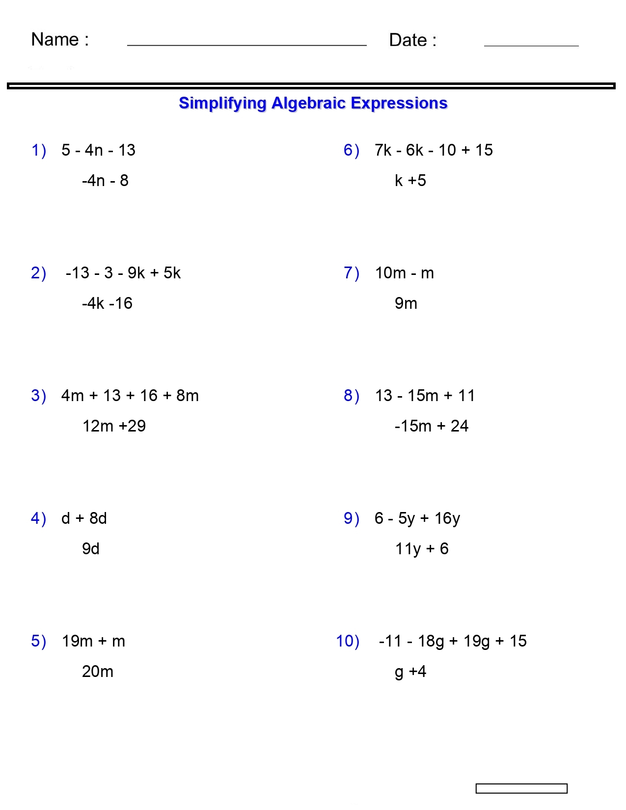 simplifying expressions worksheet simplifying expressions worksheet