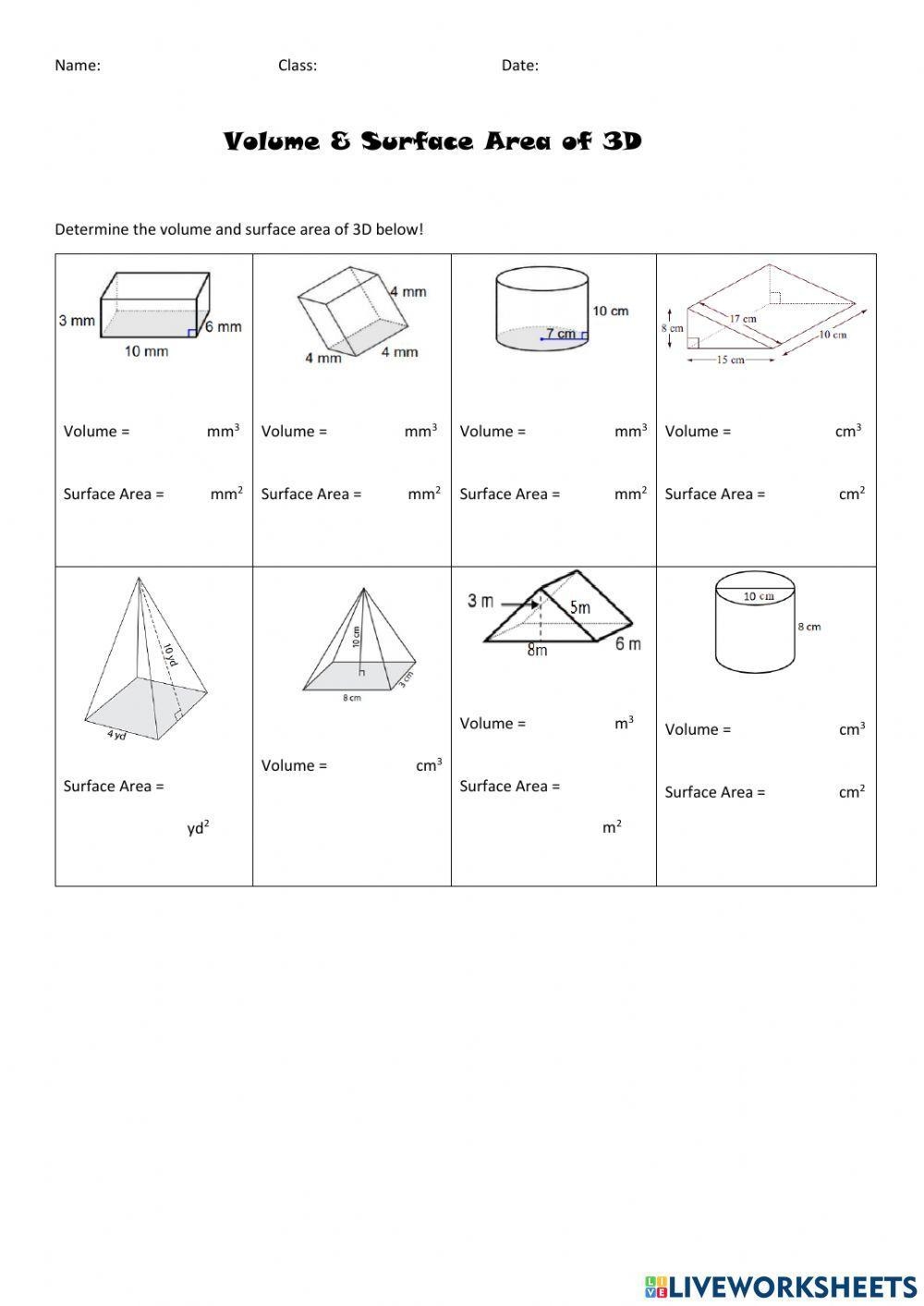 Volume And Surface Area Of 3D Shapes Worksheet Live Worksheets 