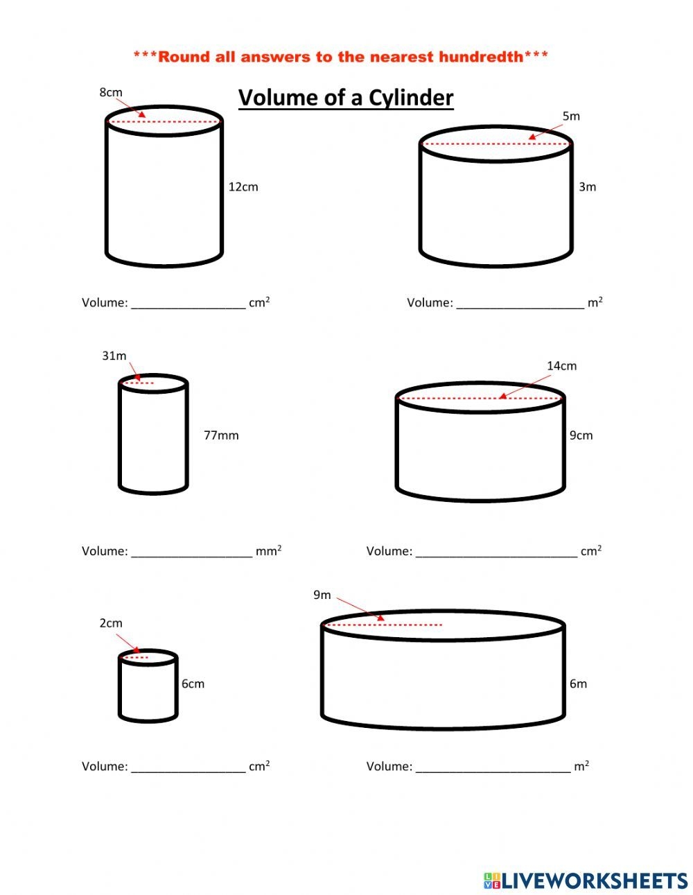 Volume Of A Cylinder Worksheet Volume Of A Cylinder Worksheet