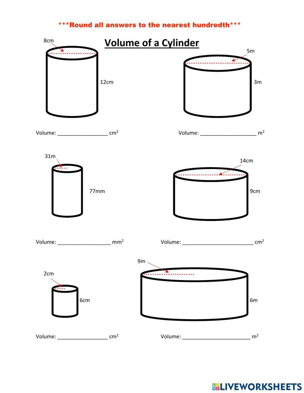 volume of a cylinder worksheet