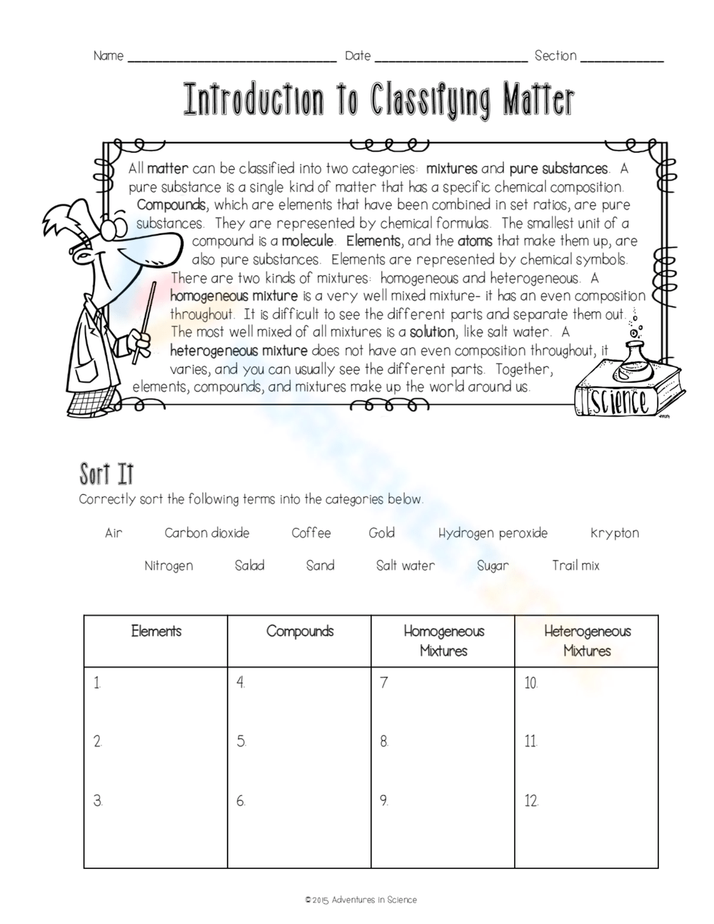 Worksheet Classifying Matter