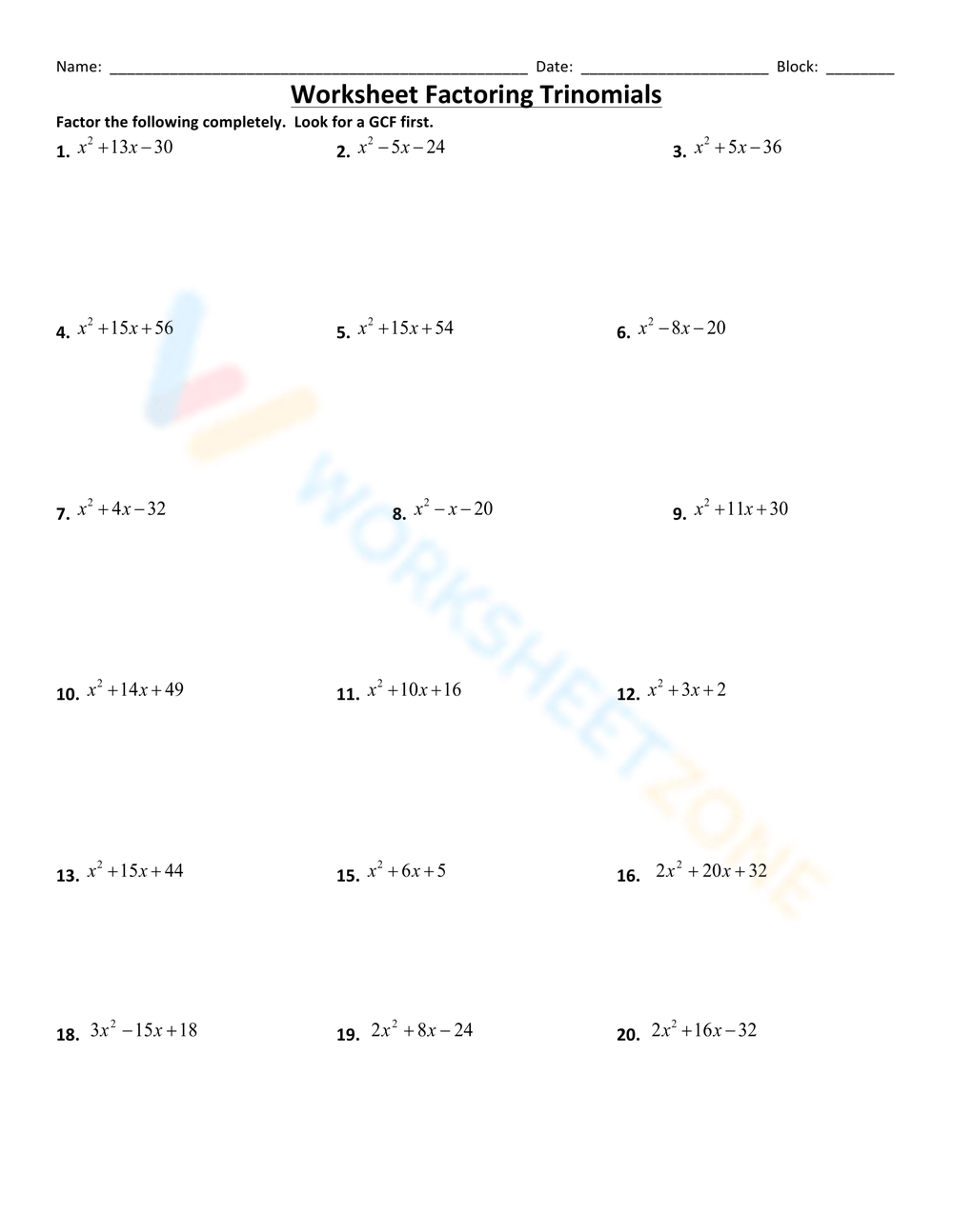 factoring trinomials worksheet