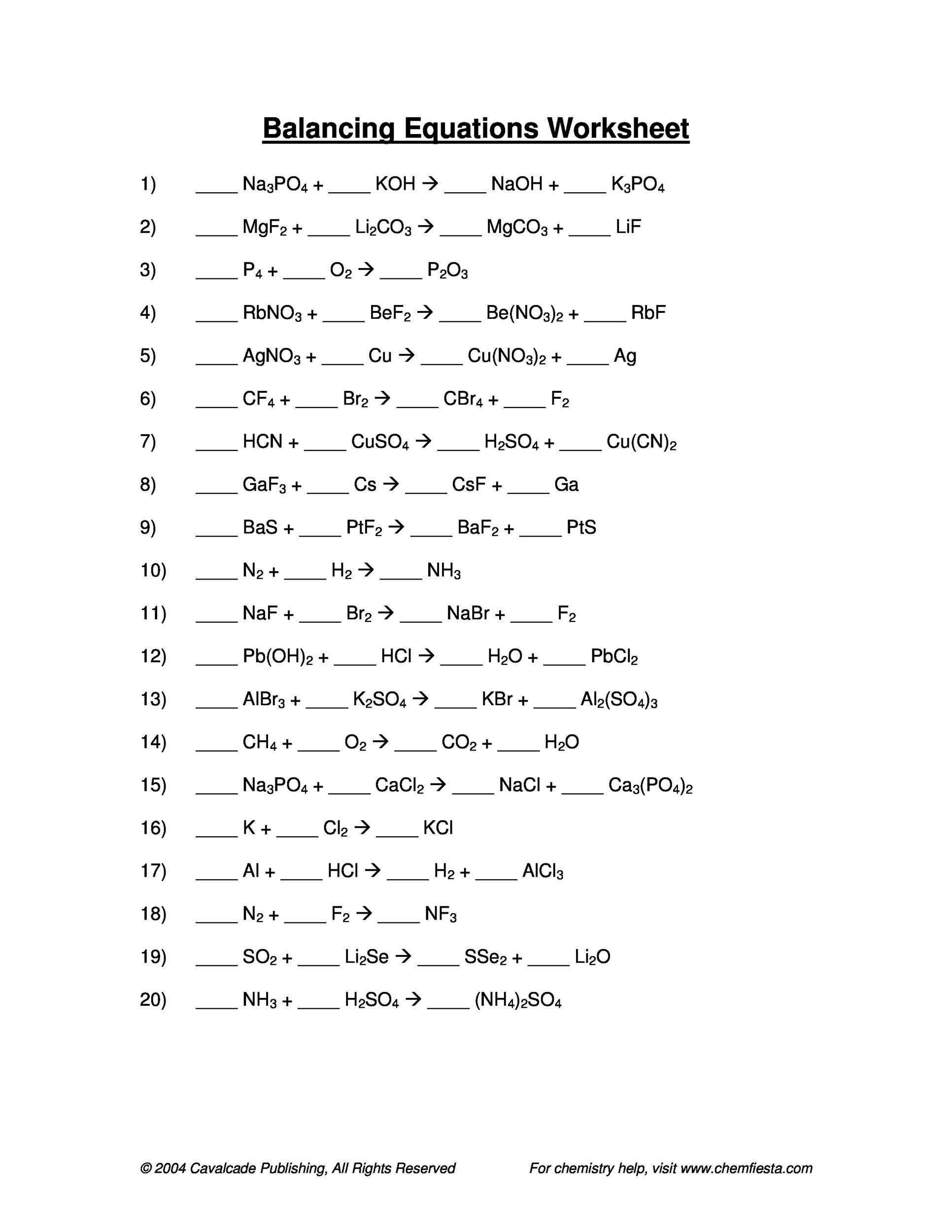 Worksheet On Balancing Chemical Equations Balancing Chemical Equations