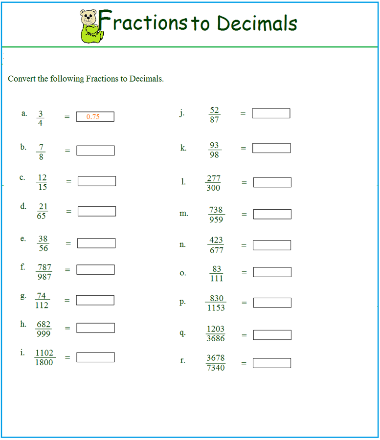 Worksheet On Fraction To Decimal Worksheet On Fraction To Decimal