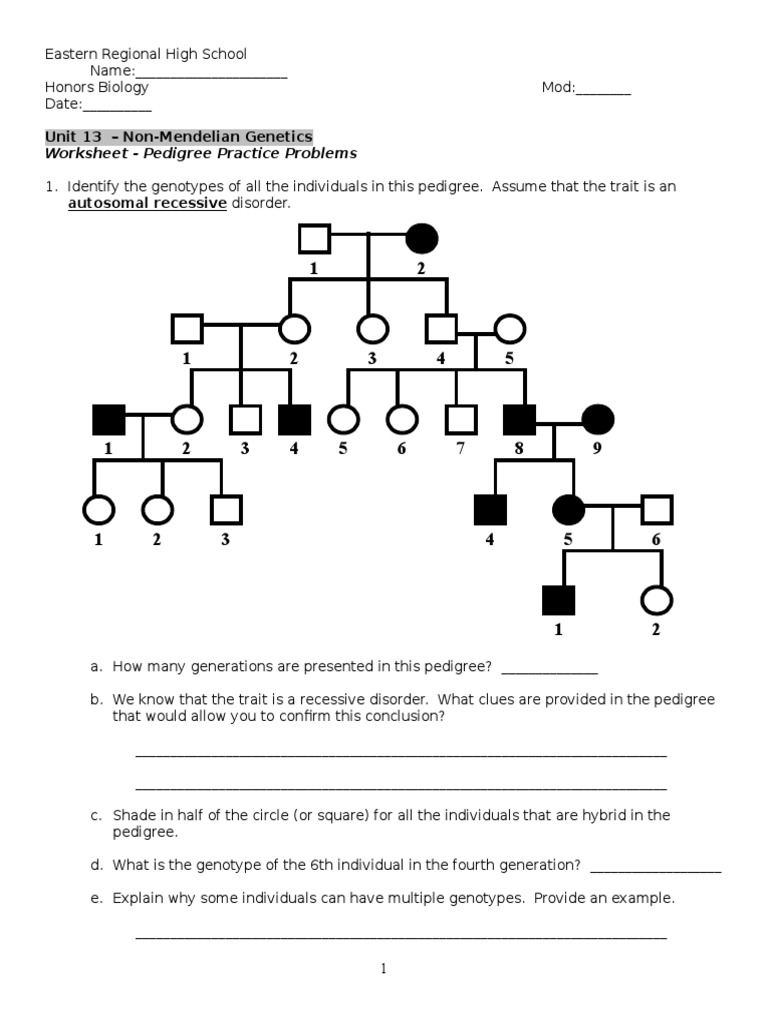 Worksheet Pedigree Practice Problems 2012 PDF Dominance 