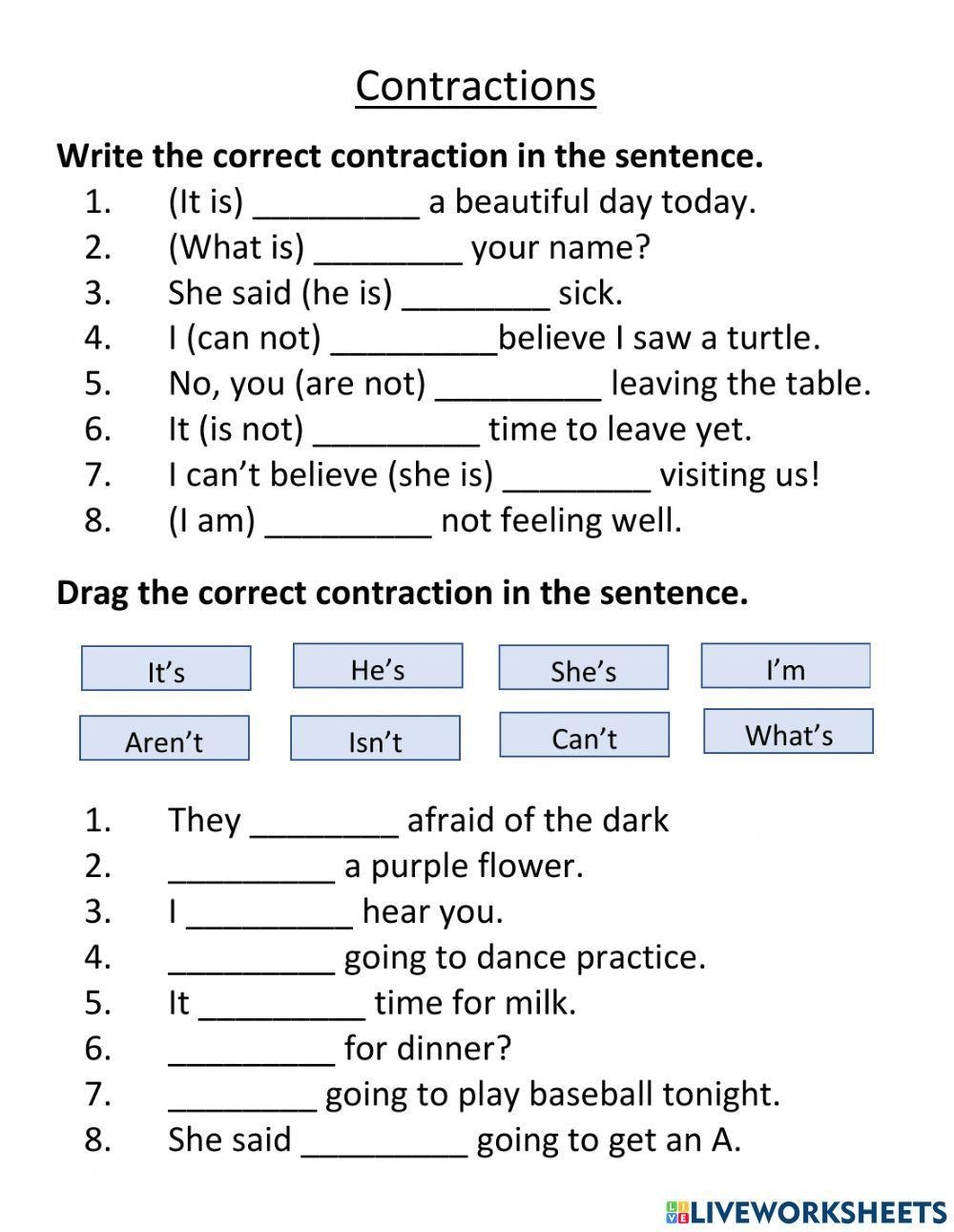 Worksheets Contractions Worksheets Contractions