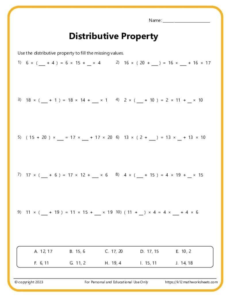 Worksheets Distributive Property Distributive Property Using The Grid