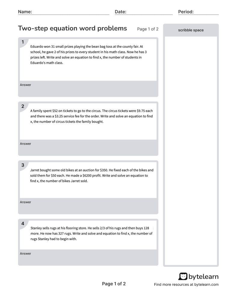 Write And Solve Two Step Equations Level 1 Word Problems Write And Solve Two Step Equations Level 1 Word Problems