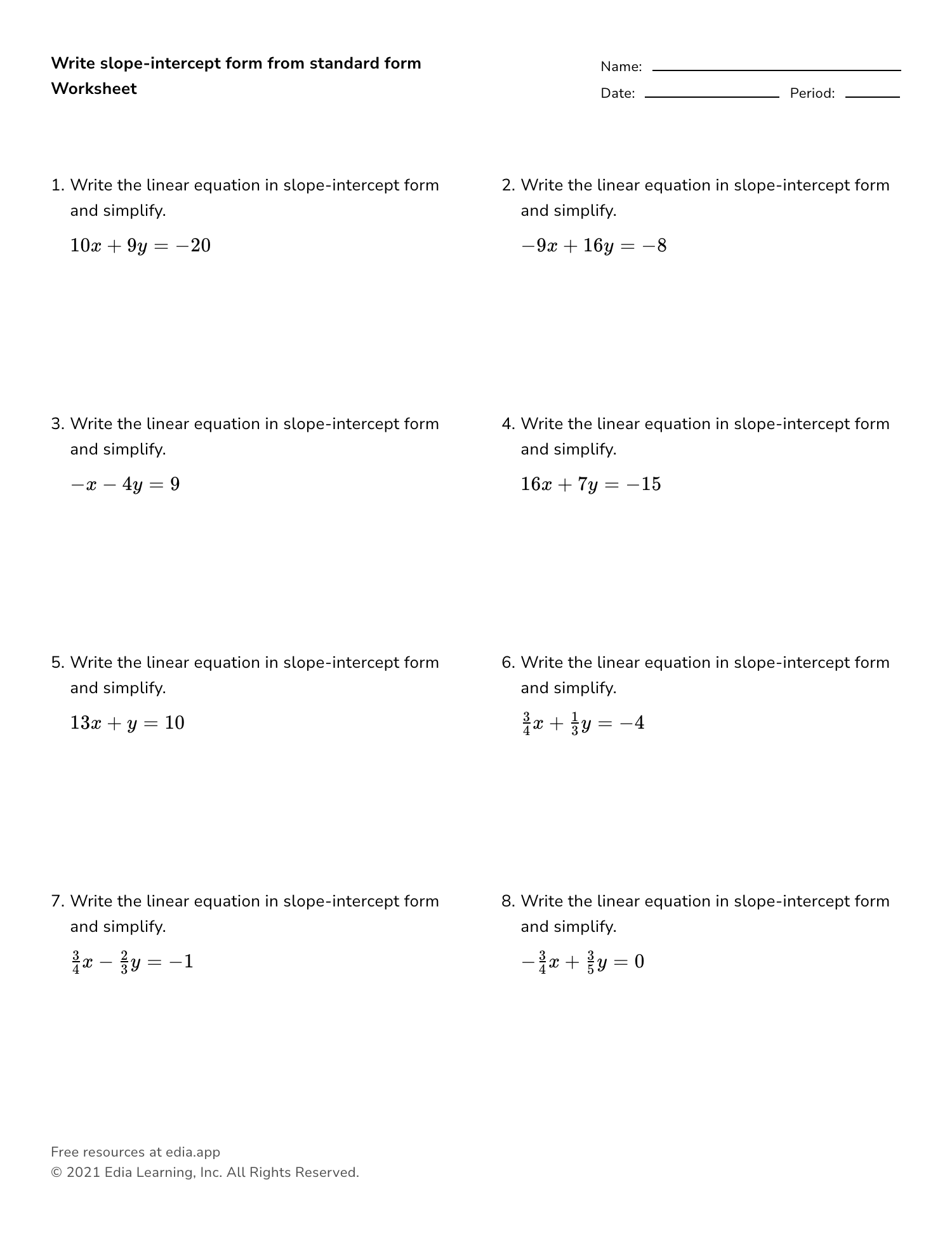 Write Slope intercept Form From Standard Form Worksheet Worksheets 